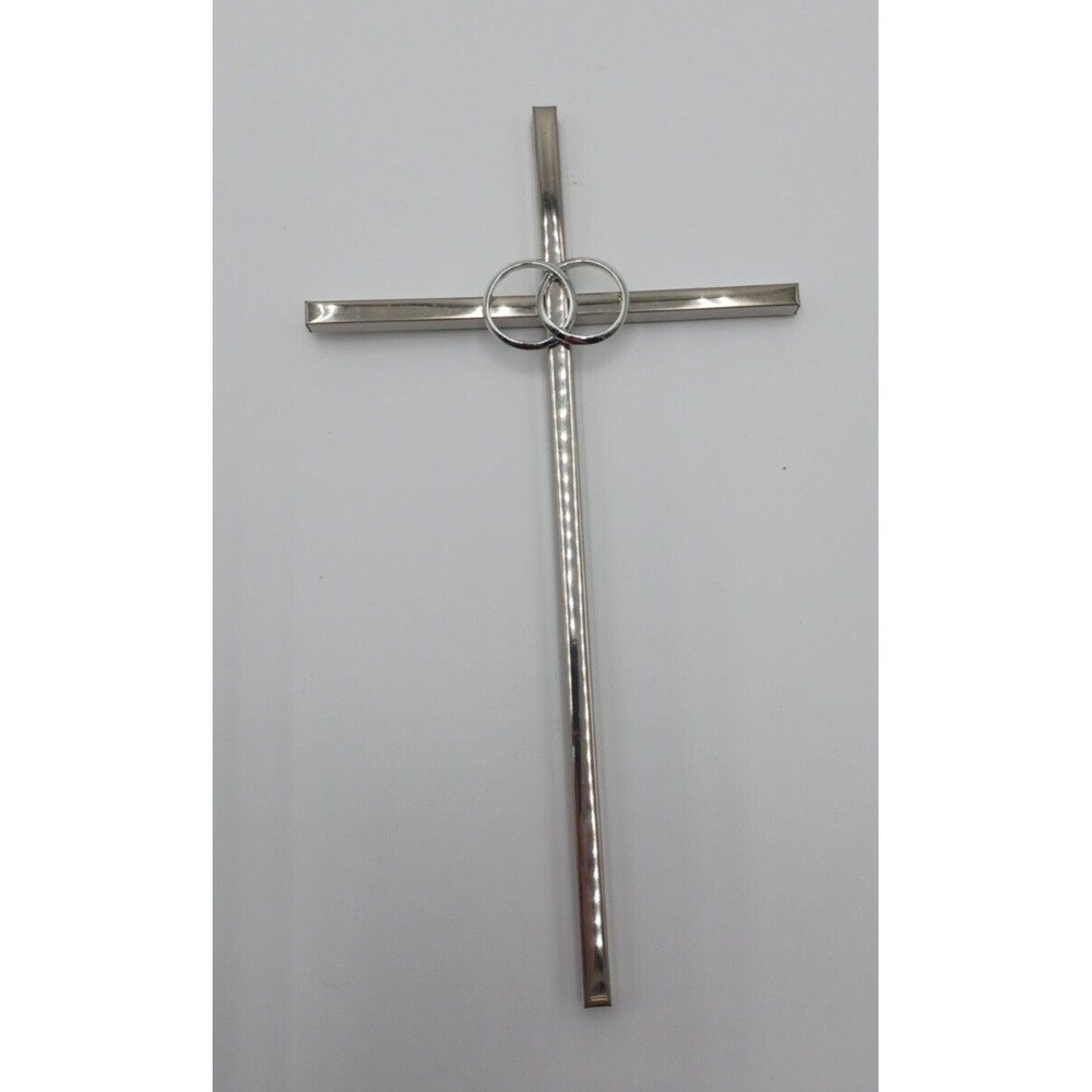 Silver Tone Metal Wedding Cross Wall Decor Interlocking Rings Marriage Union